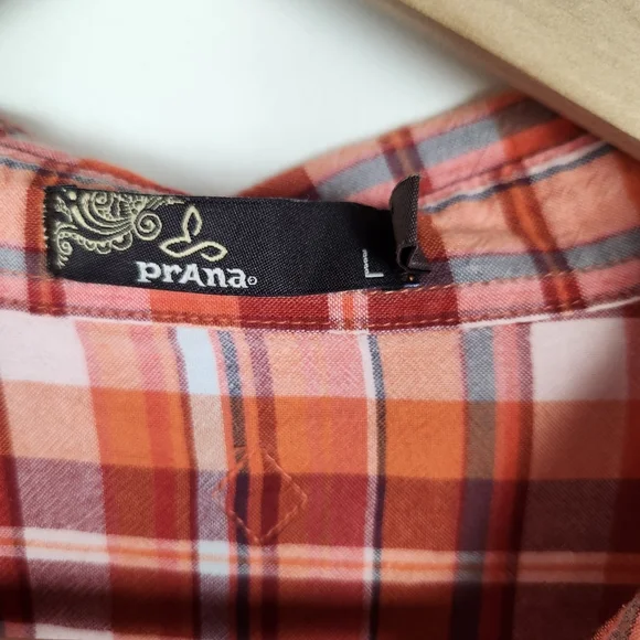 Prana Pink Orange Plaid Roll Tab Sleeve Button Down Shirt Top Sz L - Picture 5 of 7